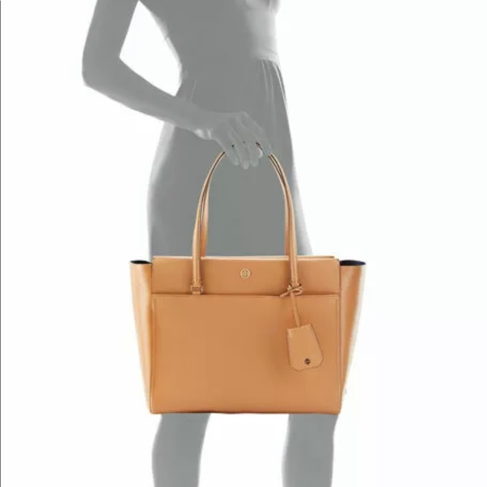 Tory Burch Parker Large Tote TZ Handbag. Saddle Cardamom Tan Navy. New! 16x11x4